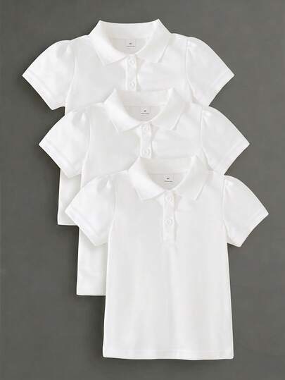 Young Girls White 3-Piece Set, Exquisite Stand Collar Round Button Short Sleeve T-Shirt, Basic Solid Color Fitted, Suitable For Back To School Season