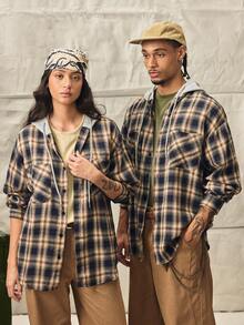 Norleigh Men's Casual Loose Fit Checkered Hooded Shacket With Chest Pocket, Adjustable Drawstring, Versatile For Spring Autumn - Navy Blue - View 1