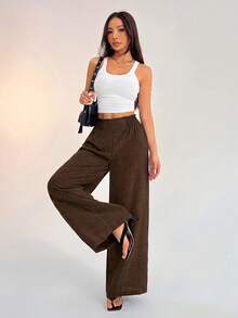 SHEIN PETITE Women's Casual Versatile Commute Wide Leg Pants - Mocha Brown - View 3