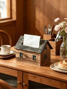 1PC Wooden Retro House Shape Tissue Box Cover Napkin Holder Organizer Vintage Decorative Storage Container For Living Room Bedroom Hotel Office Tabletop Home Decor Rustic Farmhouse Style Gift - Multicolor - View 8