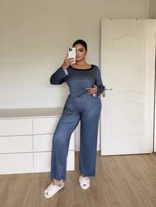 Dream Adore Plus Size Casual Polka Dot Set, Square Neck Lace Patchwork Trim, Ruffle Hem Long Sleeve Long Pants Loungewear, Comfortable Home Sleepwear Set - Dark Grey - View 6