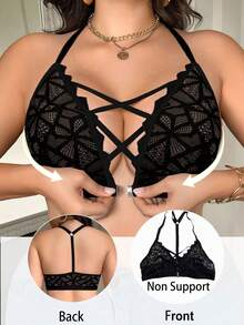 Seduluxe 1pc Plus Size Front Open Hook Lace Bralette, Wireless, Lift Lingerie Bra - Black - View 1