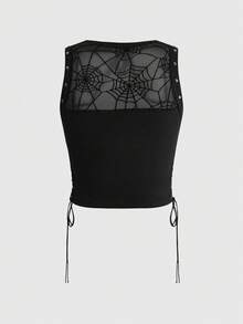 ROMWE Dark Gothic Halloween Spider Web Flocked Distressed Metal Eyelet Lace-Up Design Fitted Women's Tank Top - Black - View 2