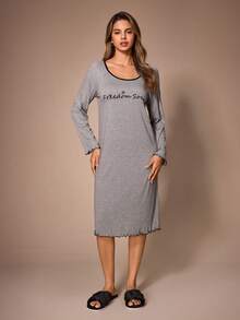Lazeform Casual Women's Letter Print Contrast Trim Raglan Sleeve Long Sleeve Loungewear Dress - Grey - View 6
