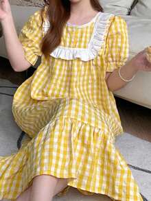 Dazy Plus Cute Patchwork Frill Trim Loose Plaid Yellow Spring Summer Autumn Home Wear Long Nightgown - Yellow - View 6