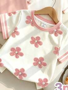 女嬰休閒簡約 3D 花朵與毛巾刺繡花卉圖案圓領短袖 T-shirt（3 件組），適合日常穿著、返校季，甜美女孩風慵懶氛圍 - 彩色 - 查看 5