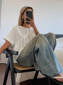 DAZY Women's Solid Color Loose Short Sleeve Round Neck Pleated Casual Vacation Summer Top Blouse School Thin Clothing - White - View 6