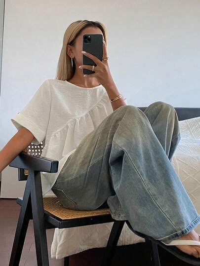DAZY 女款純色寬鬆短袖圓領百褶休閒度假夏季上衣襯衫校園薄款衣物