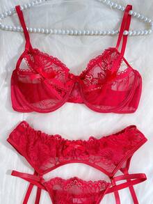 Seduluxe Women's Sexy Lace Lingerie Set 4pcs - Red - View 5