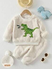 SHEIN Baby Boy Cartoon Animal Pattern Knitted Soft Crew Neck Long Sleeve Pullover Sweatshirt With Fleece Lining, Thickened, Little Dinosaur Sweatshirt, Suitable For Winter, Casual And Comfortable - Apricot - View 1