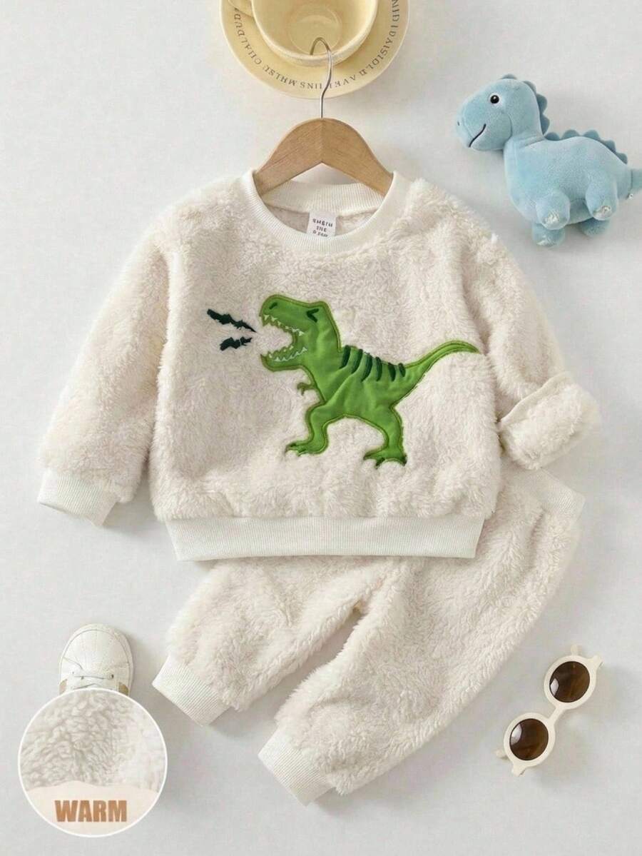 SHEIN Baby Boy Cartoon Animal Pattern Knitted Soft Crew Neck Long Sleeve Pullover Sweatshirt With Fleece Lining, Thickened, Little Dinosaur Sweatshirt, Suitable For Winter, Casual And Comfortable - Apricot - View 1