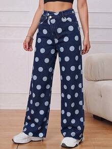 SHEIN ICON 女款波點不對稱腰線直筒休閒牛仔褲 - 藍色 - 查看 3