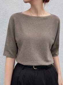 Livesso Petite Women's Solid Color Casual Versatile Daily Knit Top - Khaki - View 6