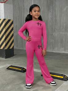 SHEIN Tween Girls Casual Street Style Solid Color Crew Neck Long Sleeve Knit Set - Hot Pink - View 5