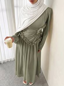 Solavon Women's Elegant Solid Color Ruffle Long Dress - Green - View 3