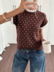 Siren Gaze Women's Polka Dot Pattern Ruffle Collar Short Sleeve Knit Top - Apricot - View 1