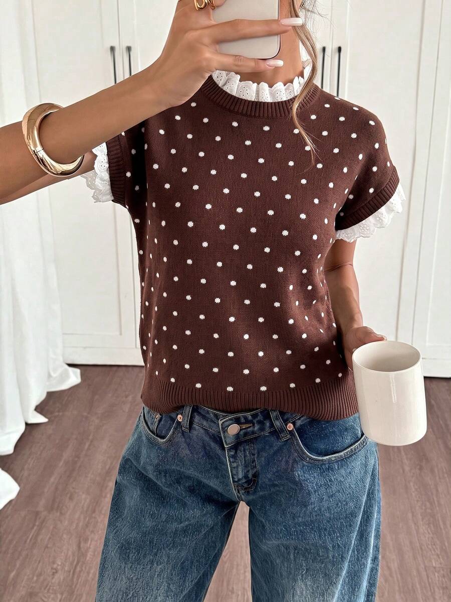 Siren Gaze Women's Polka Dot Pattern Ruffle Collar Short Sleeve Knit Top - Apricot - View 1