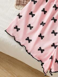 (Random 1 Set) Tween Girls Pajamas Bow Print Camisole Top With Short Sleeve Combination Loungewear - Multicolor - View 5