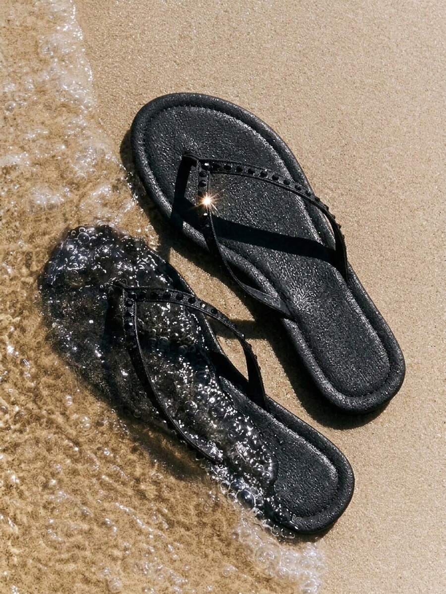 Grefit Black Riveted Flip-Flops, Bold And Avant-Garde, Suitable For Holiday Style, Spring Street Wear Or Relaxed Summer Guest Styling - Black hhhh - View 1