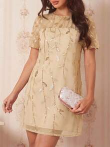 Amorya 女款時尚亮片刺繡短袖洋裝，適合約會與度假 - 香檳色 - 查看 1