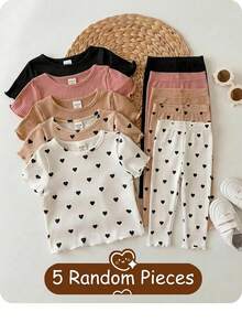 [5 Random Pieces]Baby Solid Color Heart Pattern Knitted Casual T-Shirts For Baby Girls Baby Boy - Multicolor - View 1