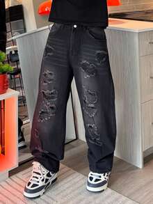 Harrin Don Harrin Don 1pc Men's Distressed Wide Leg Jeans, American Vintage Ripped High Street Casual Loose Long Pants (Product Does Not Include Belt And Accessories) - Black - View 5