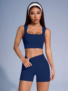 SHEIN Sovereign Charm 女款純色短版上衣與高腰短褲休閒日常運動套裝 - 藏蓝色 - 查看 3