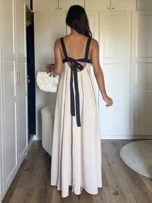 Ronhire Summer Elegant Black And Beige Holiday Vacation Holiday Dress,Women's Backless Spaghetti Strap Pleated Waist Loose Evening Party Wedding Dress - Khaki - View 3