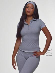 Musera Sport Grey Button Through Collared Contrast Trim Hems Cinched Fitted Active Polo Top Pilates Fitness Daily Casual Everyday Void - Light Grey - View 1