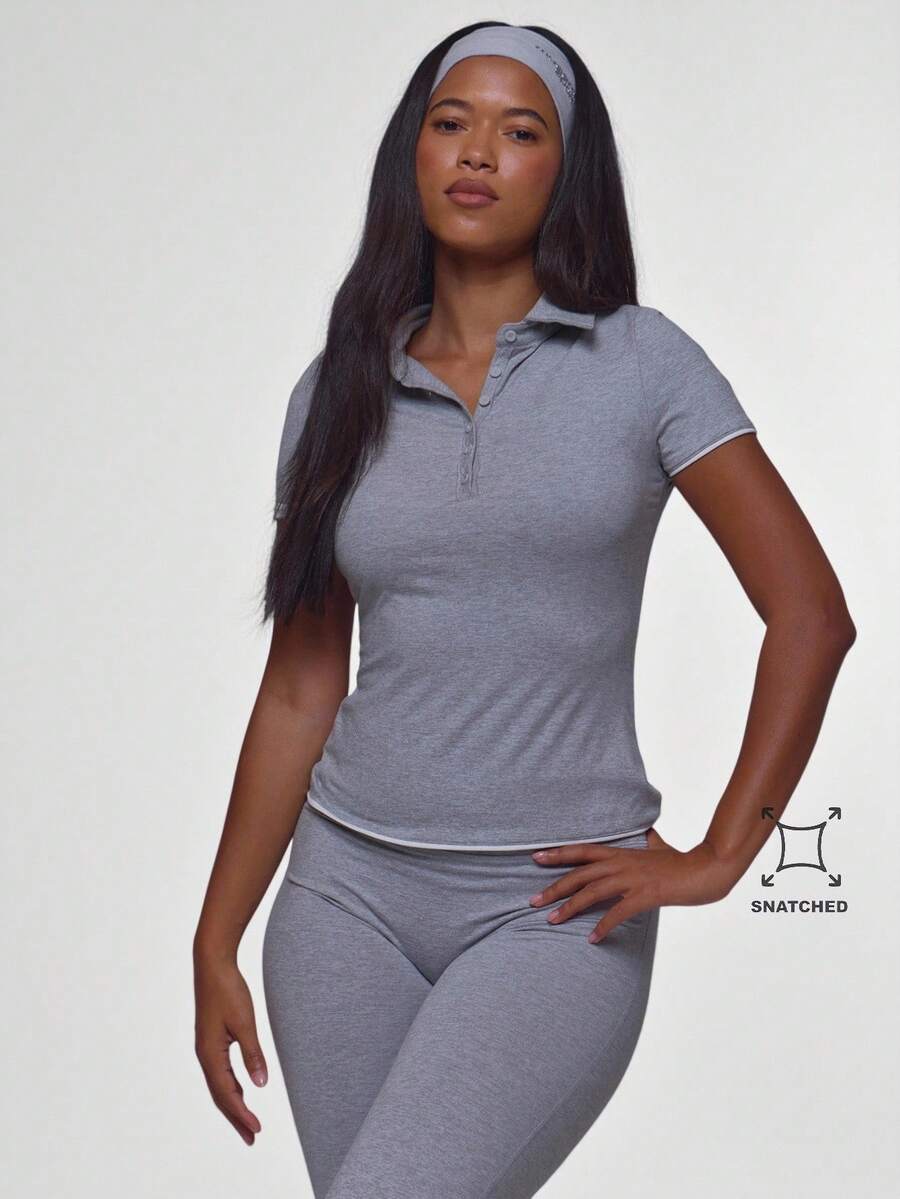 Musera Sport Grey Button Through Collared Contrast Trim Hems Cinched Fitted Active Polo Top Pilates Fitness Daily Casual Everyday Void - Light Grey - View 1