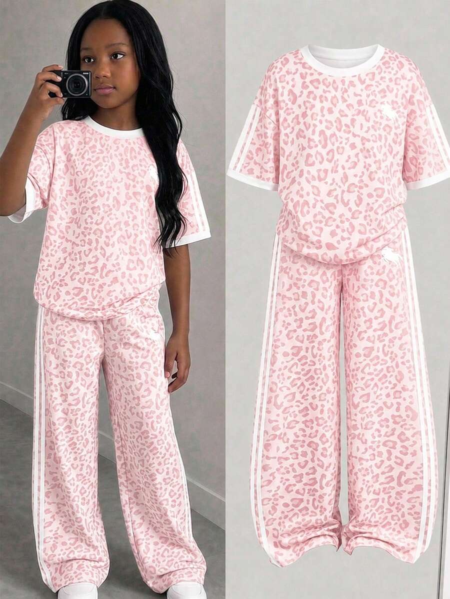 Set 2 Potong untuk Anak Perempuan Remaja: Kaos Leher Bulat Bahu Jatuh dan Celana Panjang Lurus Longgar - MultiWarna - View 1