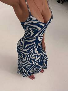 Aloruh Spring/Summer Vacation Spaghetti Strap Tie-Up Fitted Sexy Printed Women's Dress - Navy Blue - View 3