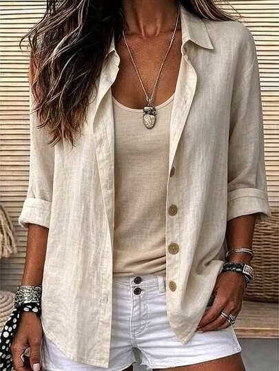 Breezaya Commuter Versatile Solid Color Long Sleeve Shirt, French Vintage Distressed Loose Casual Top