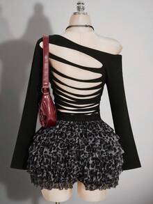 SHEIN ICON Plus-Size Y2K-Style Long-Sleeve Knit Top Featuring An Open-Shoulder Design And A Distressed, Open-Back Detail; Perfect For Music Festivals, Raves, And - Black - View 1
