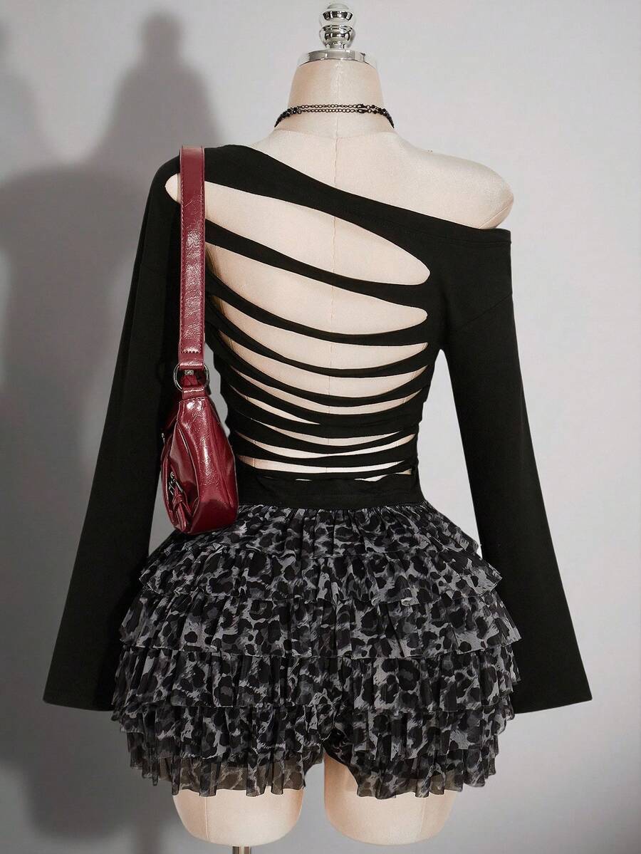 SHEIN ICON Plus-Size Y2K-Style Long-Sleeve Knit Top Featuring An Open-Shoulder Design And A Distressed, Open-Back Detail; Perfect For Music Festivals, Raves, And - Black - View 1