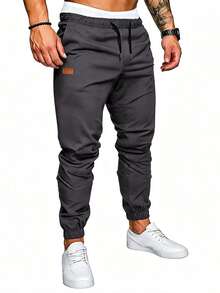 Manfinity Homme Pantalones para hombre con detalle de parches y cintura con cordón - Gris Oscuro - Ver 1