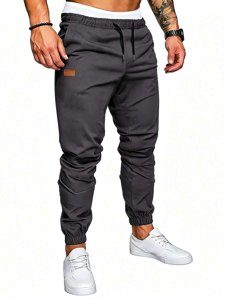 Manfinity Homme Pantalones para hombre con detalle de parches y cintura con cordón - Gris Oscuro - Ver 1