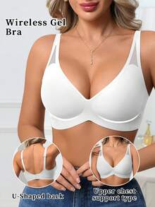 1pc Women's Seamless Wireless Bra, V-Neck Gather Jelly Soft Support Comfortable Solid Color Mesh Hollow-Out Bra With Molded Cup Wedding - White - View 8