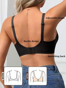 1 buah Bra Tanpa Jahitan dan Tanpa Kawat untuk Wanita, Bra V-Neck dengan Cup Cetak Lembut dan Nyaman, Warna Polos, Berongga, dan Berbahan Jelly, dengan Dukungan Lembut dan Warna Solid. - Hitam - View 3