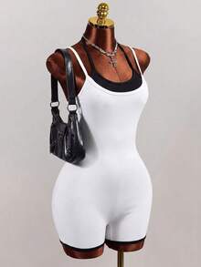 Mistrie Contrast Trim Spaghetti Strap Romper, Sexy Slim Fit Athletic Romper - Black and White - View 7