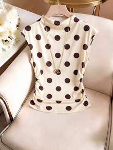 Firerie Women's Vintage Cream Polka Dot Mock Neck Sleeveless Top, Ruched Cinched Waist Elegant Inner Layer Tank - Multicolor - View 8