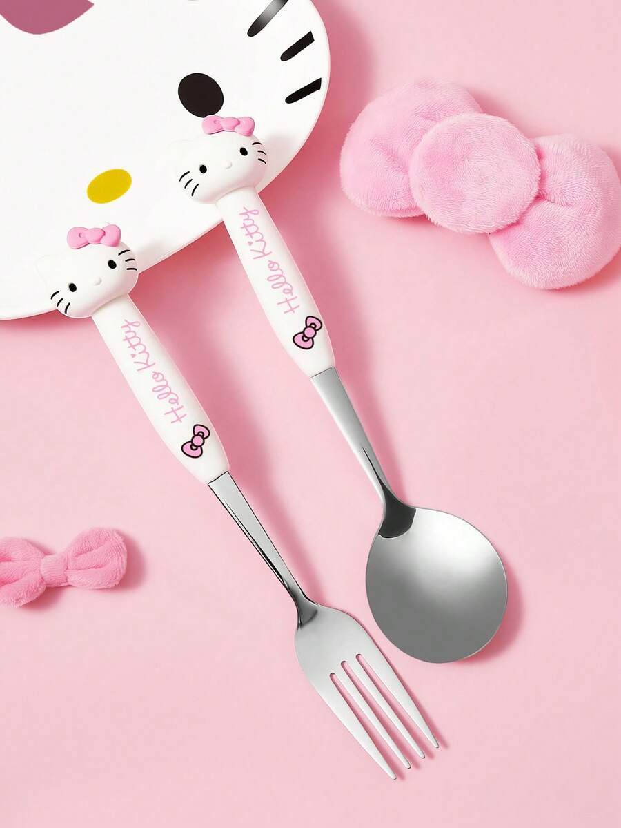 HELLO KITTY AND FRIENDS | SHEIN 可愛卡通愛心造型銀色 2 件組餐叉匙套組 餐具 情人節 - 粉色 - 查看 1