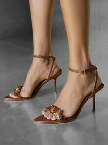 SHUZIA Sandal Hak Stiletto Bertali Pergelangan Kaki dengan Dekorasi Pita Elegan untuk Wanita - Chocolate Brown - View 2