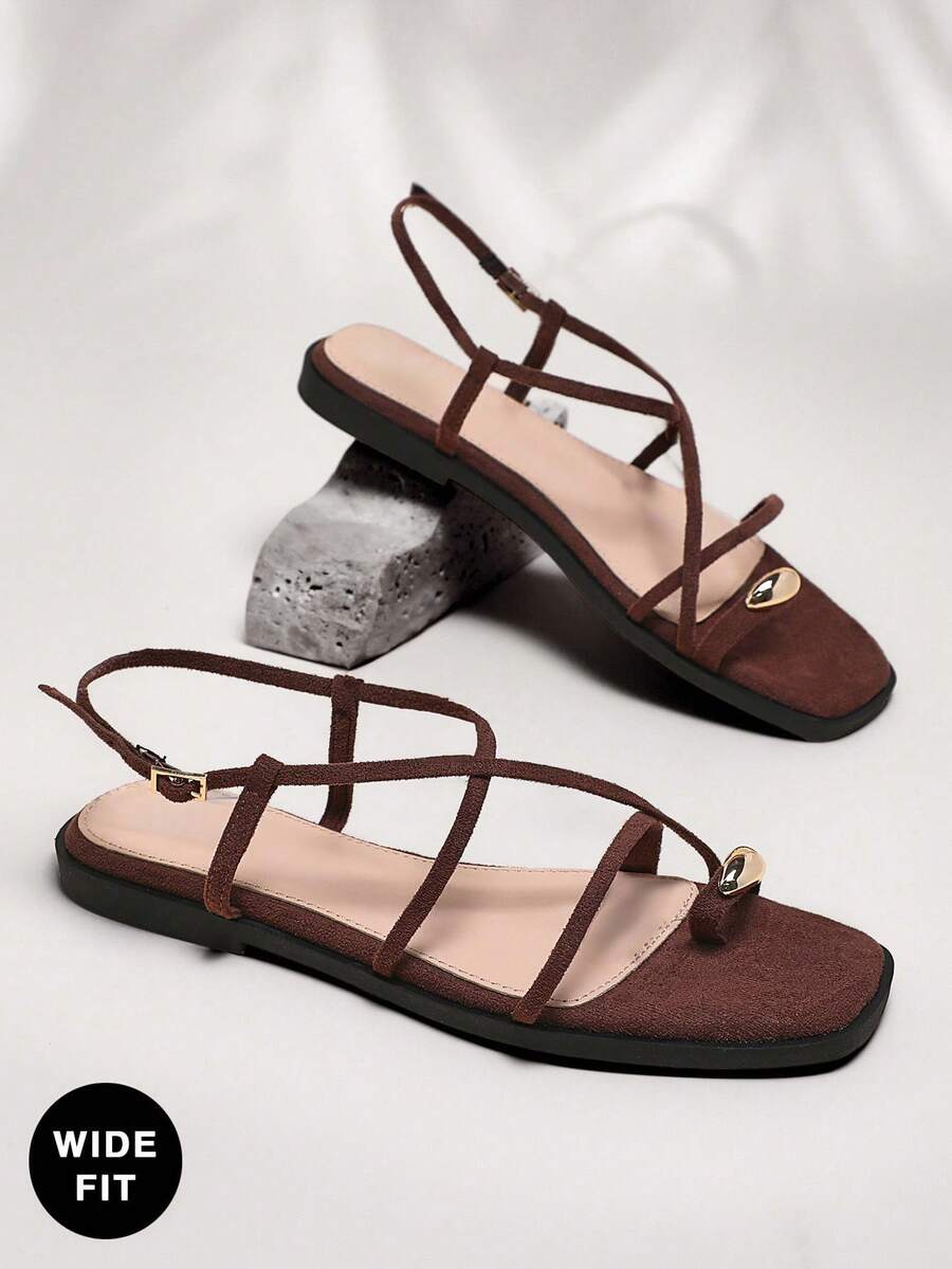 SHUZIA #CoquetteAesthetic Wide-Fit. Women's Backstrap Ring Toe Suede Coffee Thong Sandals–CloudStep Cushion For All-Day Comfort - Coffee Brown - View 1