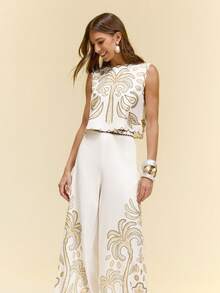 CAJUNI x Carol Peixinho Beige Woven Fabric Round Neck Sleeveless Crop Top With Intricate Print For Women - Beige - View 7