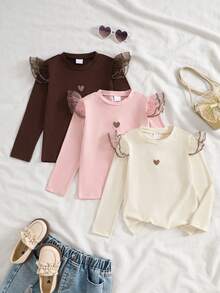 SHEIN Sparklyn 3件組女童秋冬保暖內搭上衣，刺繡愛心長袖上衣，幼女服飾套裝 - 彩色 - 查看 3