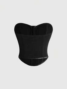ROMWE Grunge Punk Punk Lace-Up Design Cross Pendant Fitted Bandeau Denim Top For Women - Black - View 2