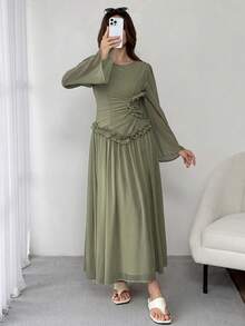 Solavon Women's Elegant Solid Color Ruffle Long Dress - Green - View 4