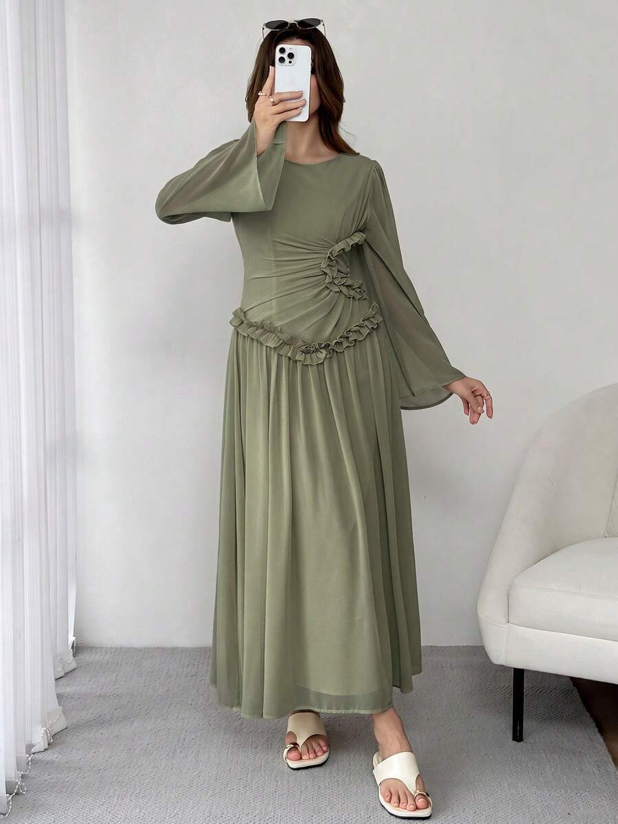 Solavon Women's Elegant Solid Color Ruffle Long Dress - Green - View 1
