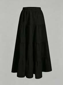 SHEIN EZwear Saia de Bolo Multicamadas Casual para Férias Estilo Festival de Música, Cor Sólida Preta, Plus Size Feminina, Adequada para Outono/Inverno - Preto - Visão 3